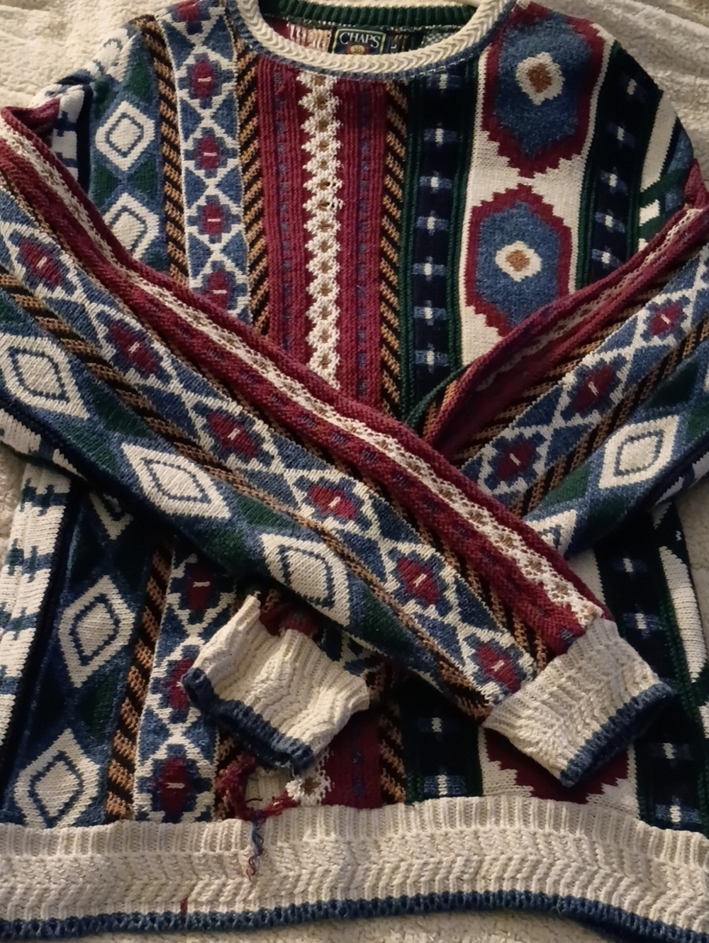 Chaps Multicolor Geometric Crewneck Sweater - Burgundy, Navy, Green, Cream